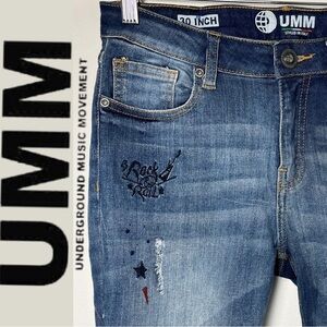 UMM Underground Music Movement | RARE | Skinny Jeans | Embroidered | Art | 30